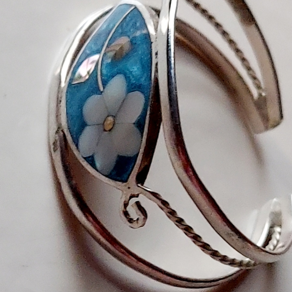 Silver Blue Cuff Bracelet Small 6.5-7" Fillagree Mother of Pearl Abalone Mexico